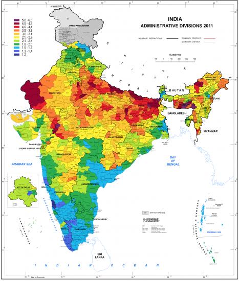 Total fertility rate map average births per woman by districts, 2011